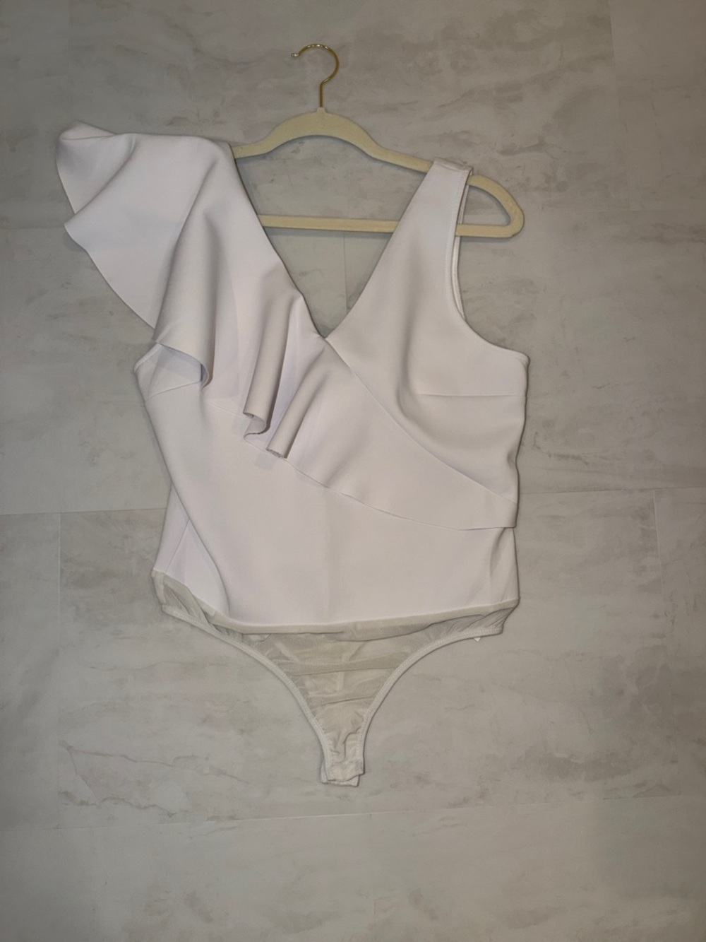 Guess by Marciano White One-Shoulder Ruffle Bodysuit